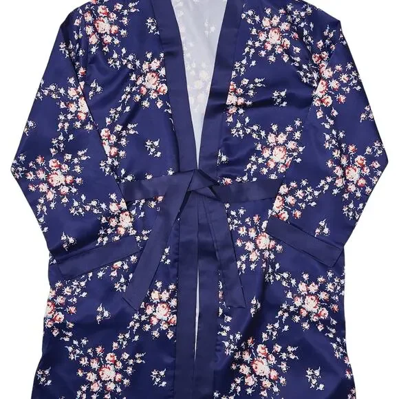 Morgan Lane Navy Pink Floral Satin Tie Close Silky Lounge Allie Robe Size Small